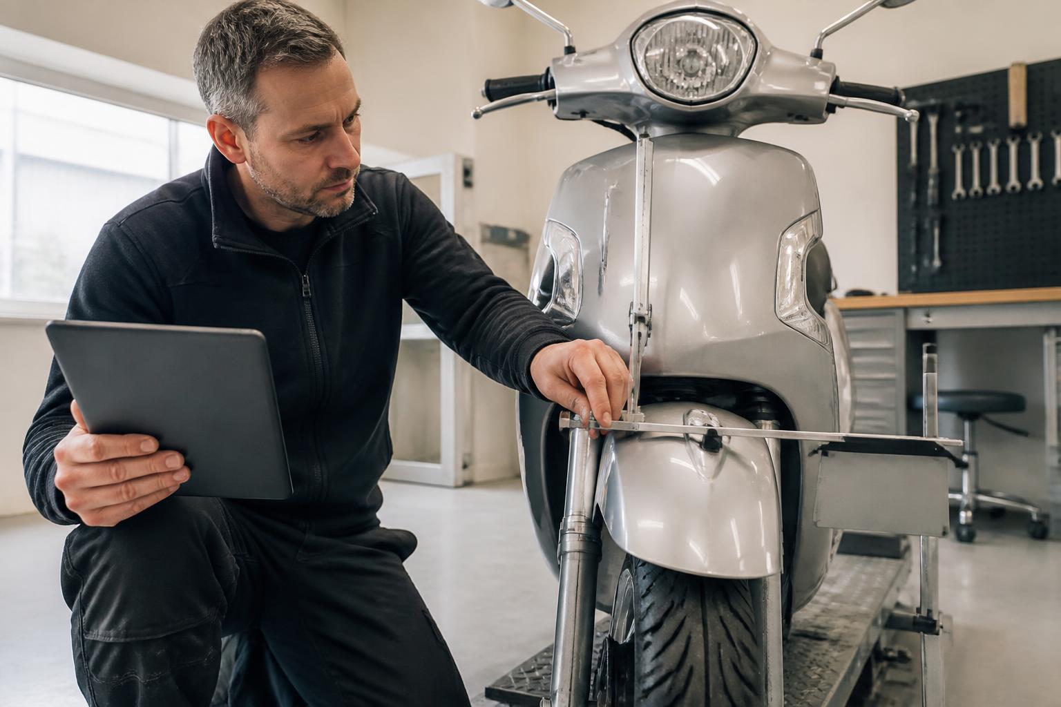 Tekniker dokumenterar mätning på en moped inför skadebedömning.